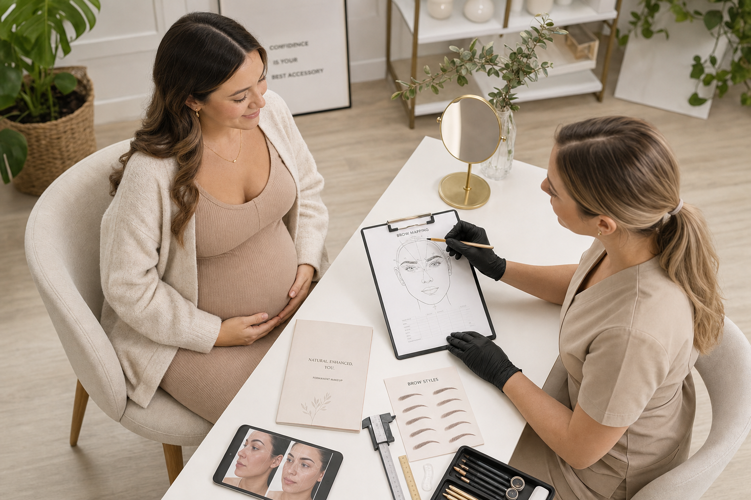 pregnant woman considering permanent makeup options with beauty professional consultation