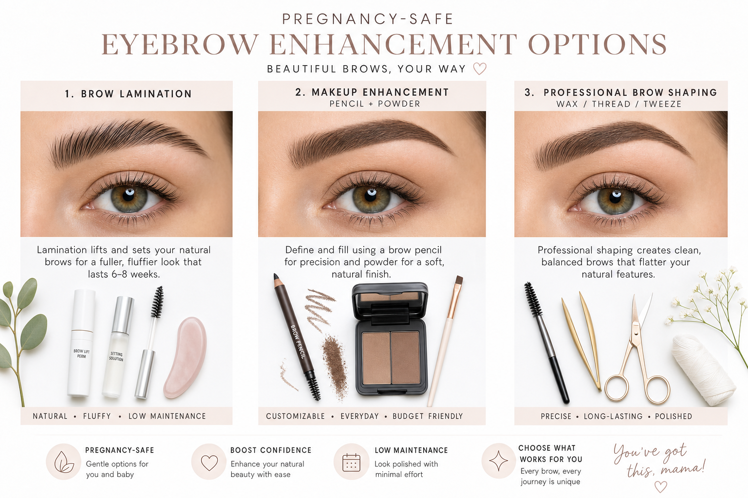 comparison of safe pregnancy beauty alternatives including eyebrow lamination and makeup techniques
