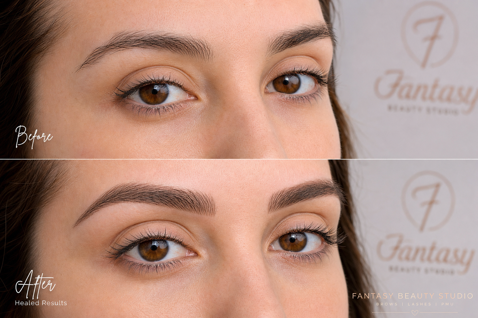 before and after microblading results showing natural looking brow transformation at Fantasy Beauty studio