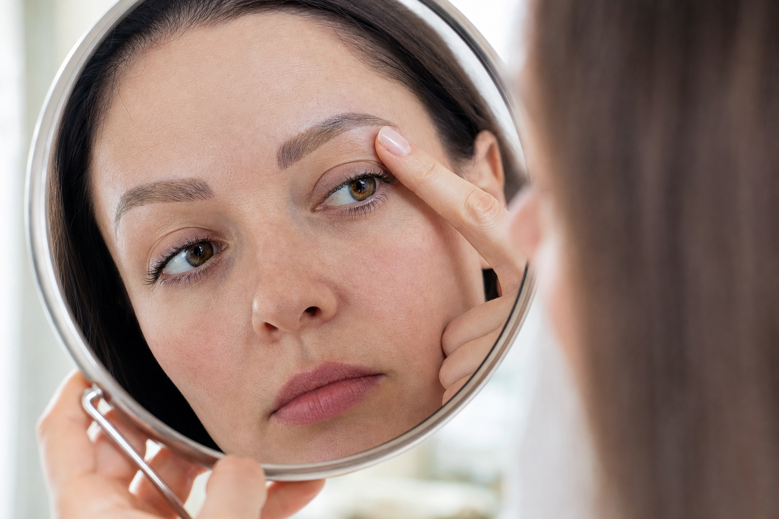 close up of woman examining her microbladed eyebrows in mirror considering removal options