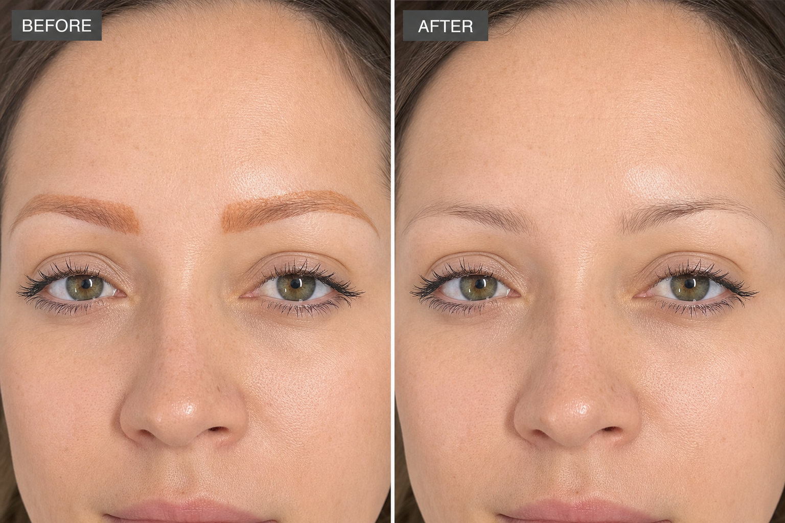 before and after comparison showing completely removed microblading and fresh natural eyebrows ready for new technique